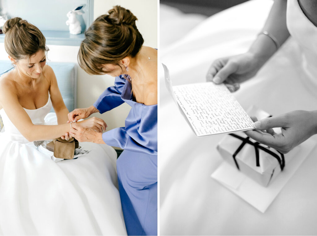 bride reading a letter and opening a gift from her soon-to-be husband