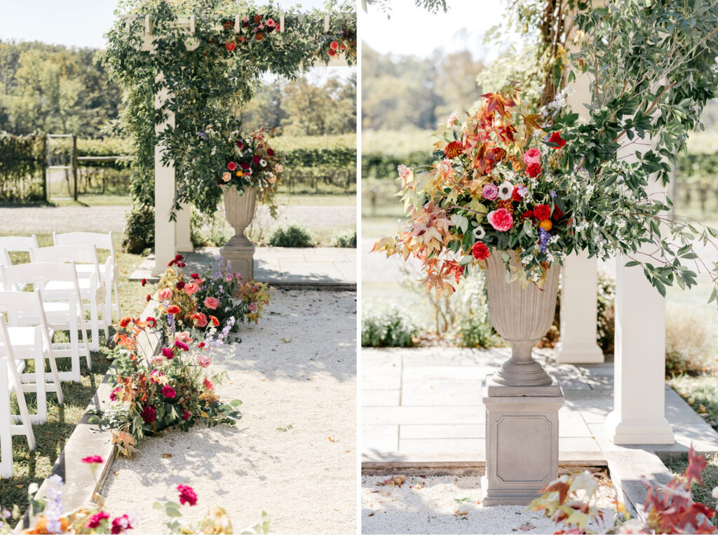 vibrant fall floral arrangements for outdoor Pennsylvania wedding ceremony