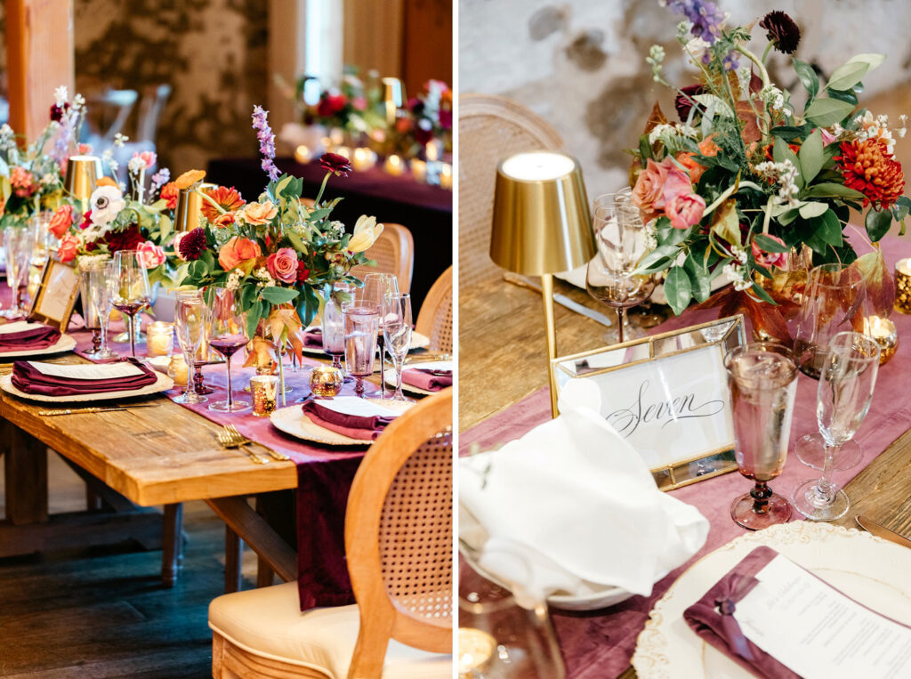 vibrant fall floral wedding reception table decor