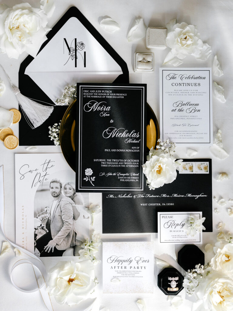 sleek black and white sophisticated wedding invitational suite by Emily Wren Photography