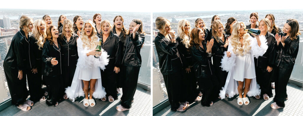 Philadelphia bride drinking champagne on the morning of her wedding day on a Hotel rooftop balcony by Emily Wren Photography