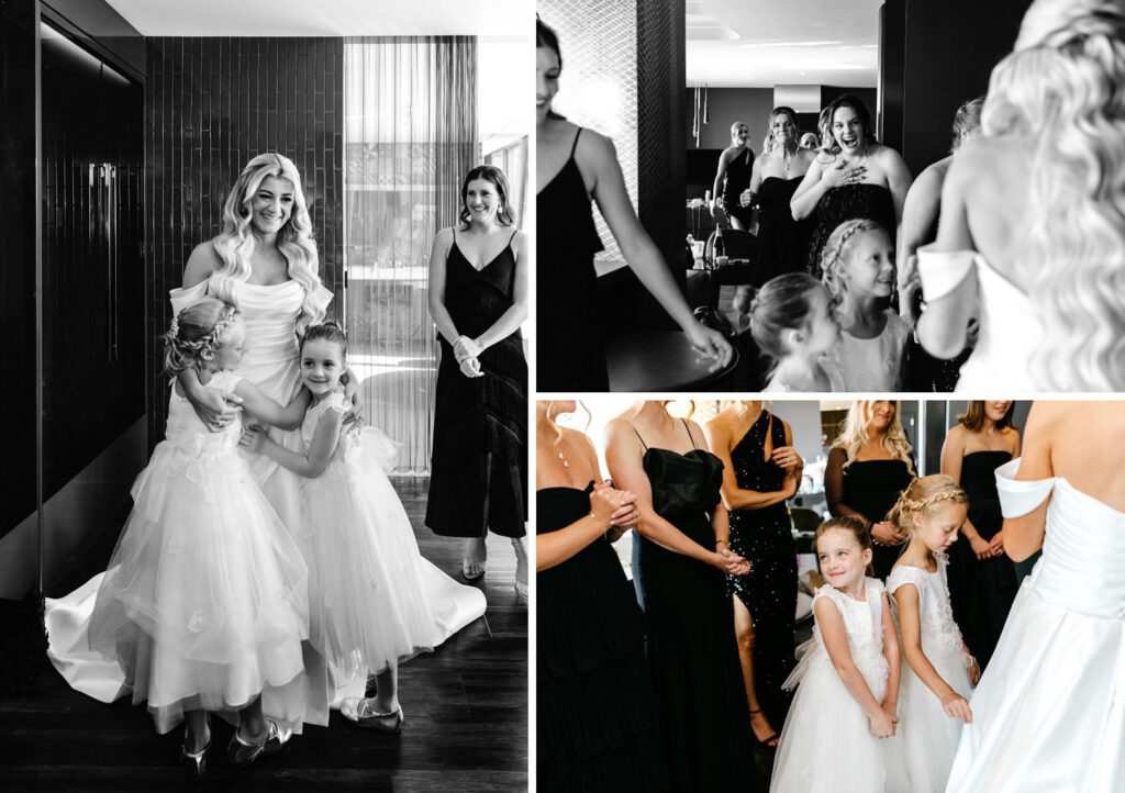 brides first look with bridesmaids and flower girls