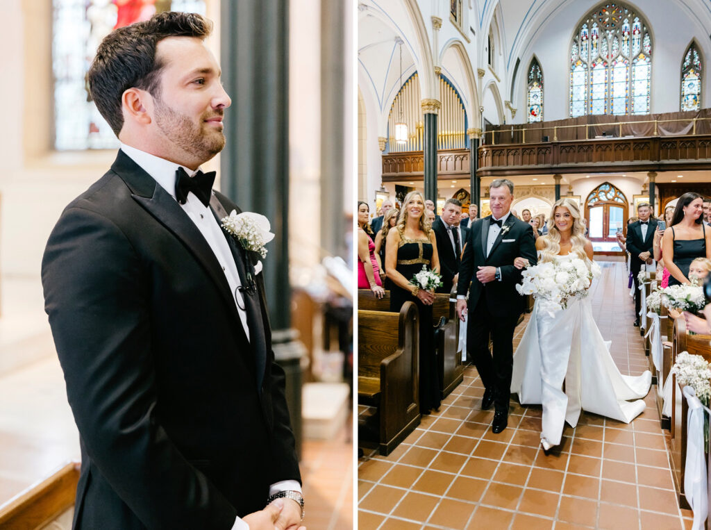 grooms reaction to bride walking down the aisle at Philadelphia wedding ceremony