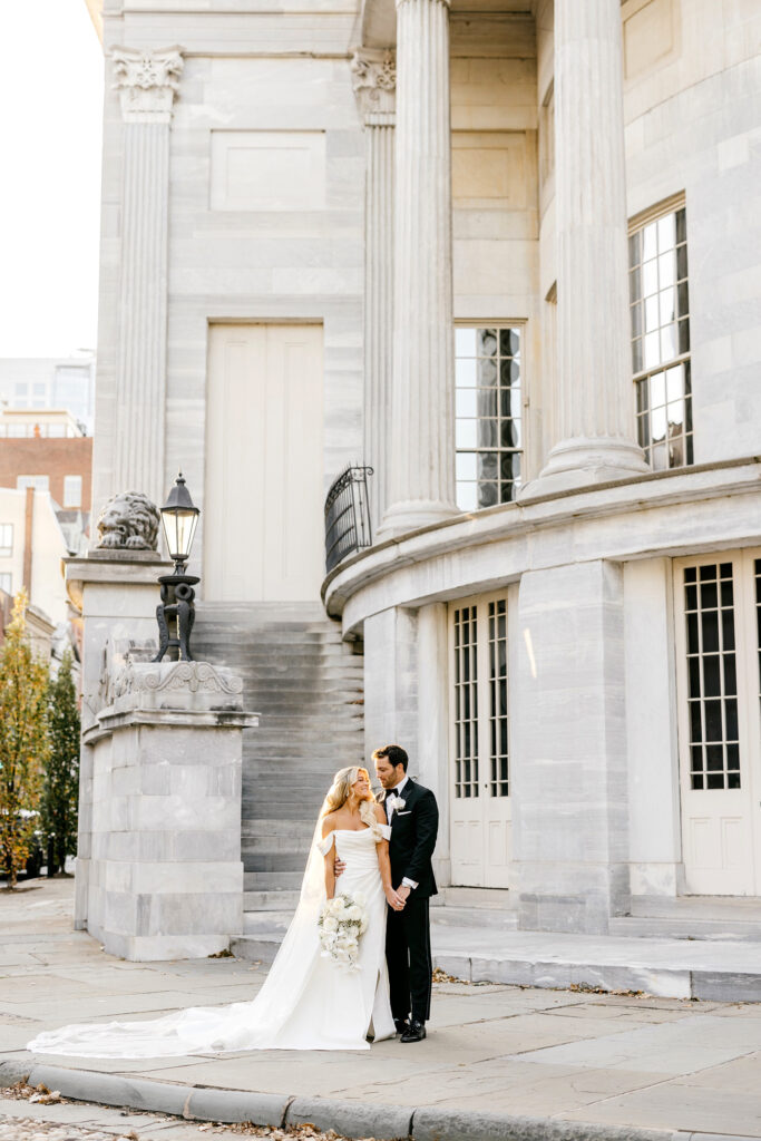 bride and groom portrait at Merchant's Exchange in Center City Philadelphia