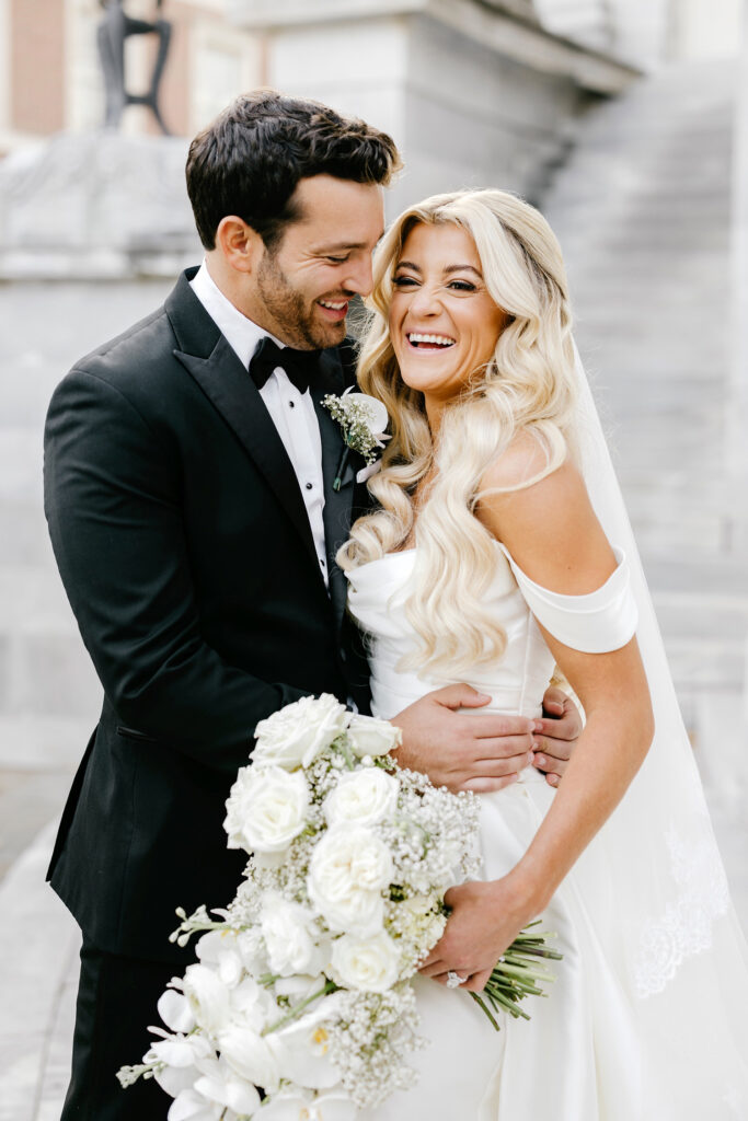 Philadelphia Bride and groom portrait session at Merchant's Exchange in Center City