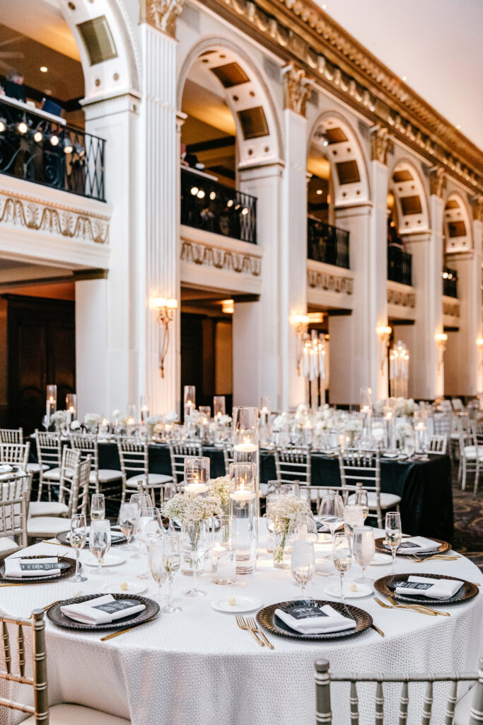 black and white wedding reception at Ballroom at the Ben in Center City Philadelphia