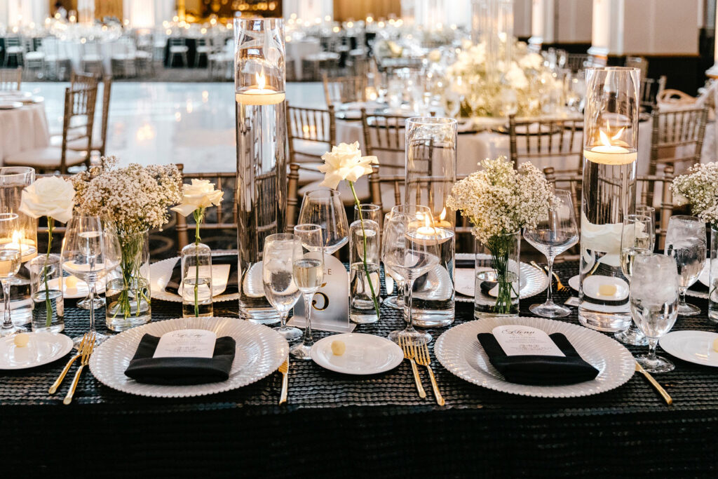 black and white wedding reception inspiration at Ballroom at the Ben in Philadelphia