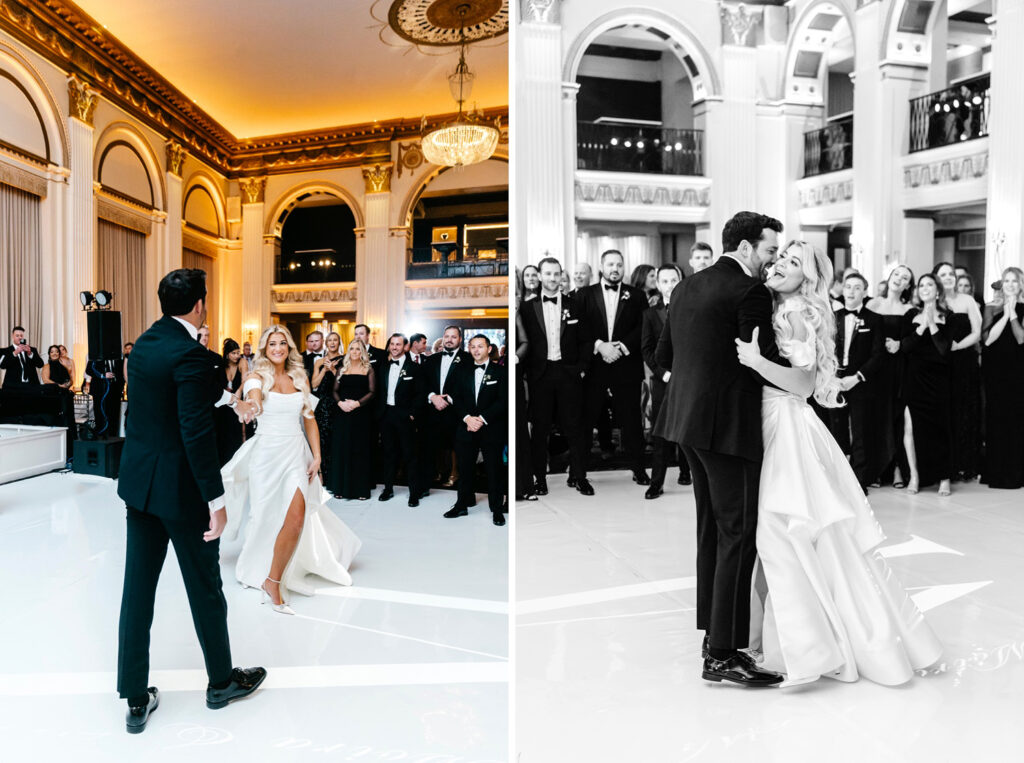 bride and grooms first dance at their Philadelphia Center City wedding reception by luxurious wedding photographer Emily Wren Photography