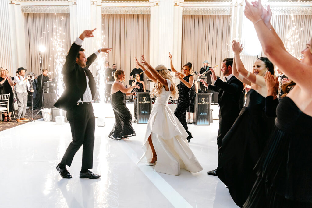 cold sparklers during bride and grooms first dance at Ballroom at the Ben wedding reception