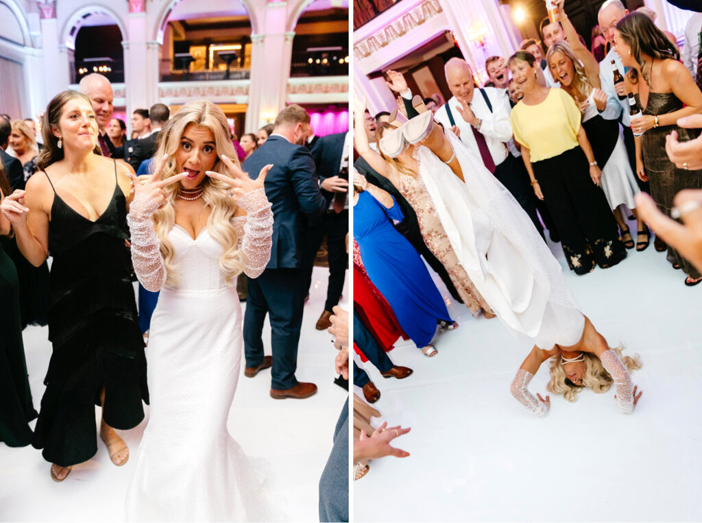 Philadelphia bride doing a handstand at her Center City wedding reception by Emily Wren Photography