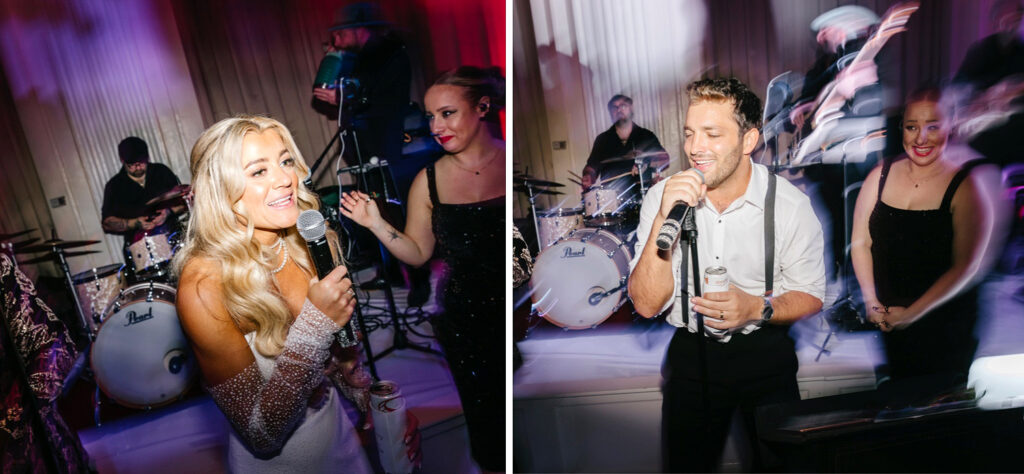 bride and groom doing karaoke at their Philadelphia wedding reception at Ballroom at the Ben