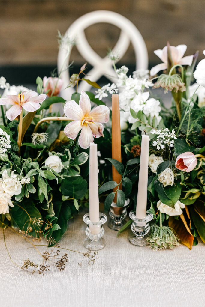 table floral decor for wedding reception at The Ivy at Ellis Preserve by Emily Wren Photography