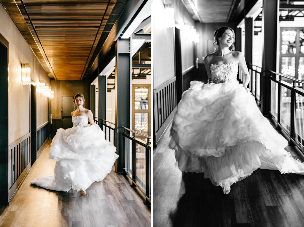 bride running through the halls of The Ivy wedding venue in whimsical layered Van Cleve bridal gown