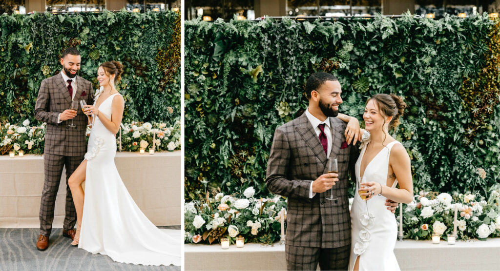 bride and groom in front of their sweetheart table at The Ivy wedding reception by Emily Wren Photography