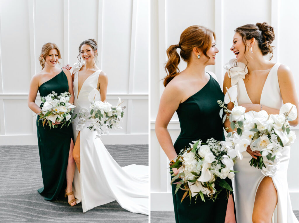 bride and bridesmaid in forest green bridesmaid dress by Emily Wren Photography