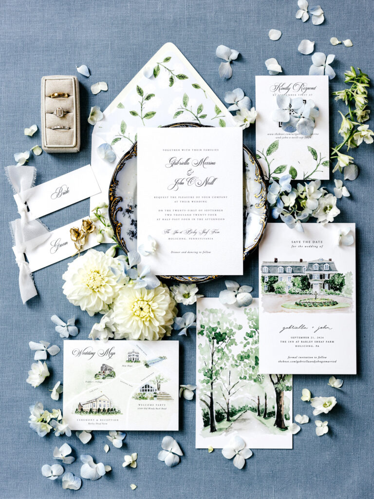 unique hand-painted watercolor wedding invitational suite by Emily Wren Photography