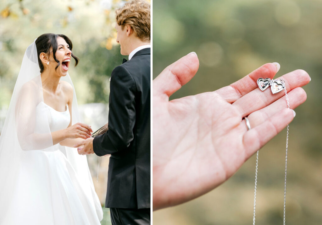 groom gifting his bride a locket during their first look by Emily Wren Photography