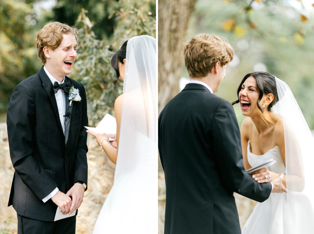 cute bride & groom laughing during their private vow exchange