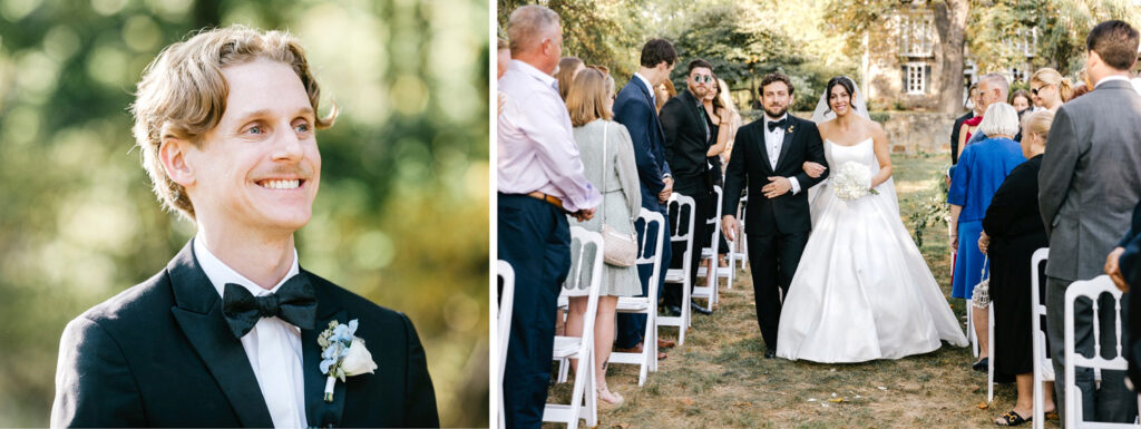 grooms reaction as the bride walks down the aisle during outdoor wedding ceremony