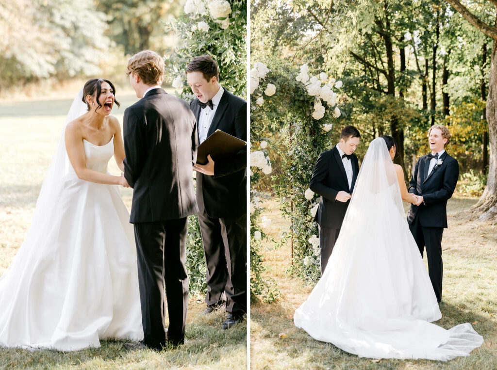 bride & groom laughing during their outdoor garden edding cereony at The Inn at Barley Sheaf