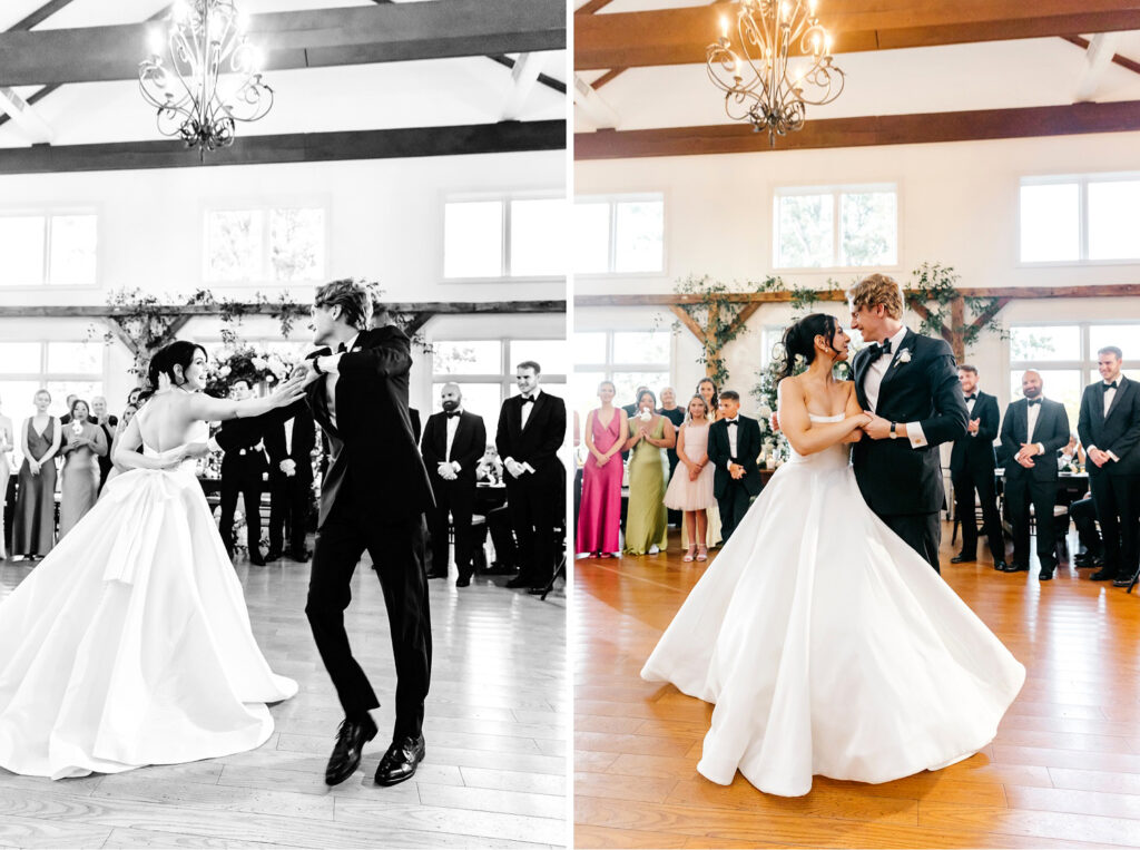 bride & grooms first dance at their wedding reception at The Inn at Barley Sheaf