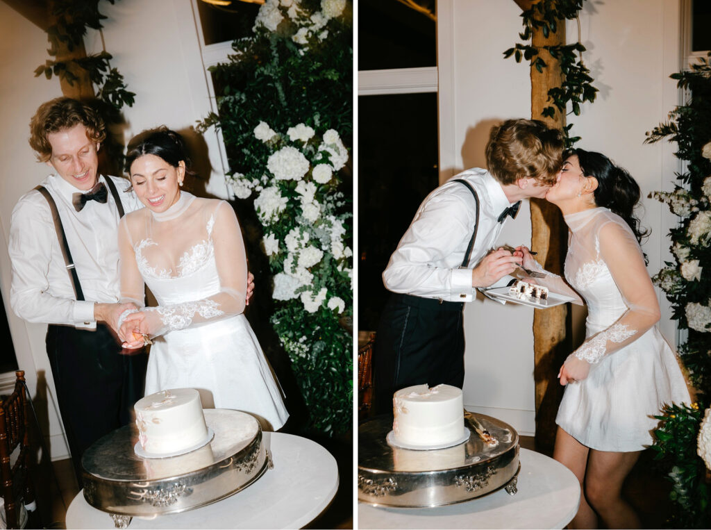 bride and groom cutting their minimalist wedding cake at The Inn at Barley Sheaf wedding reception