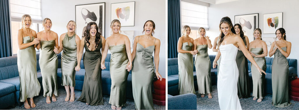 brides first look with her bridesmaids in sage green bridesmaid dresses