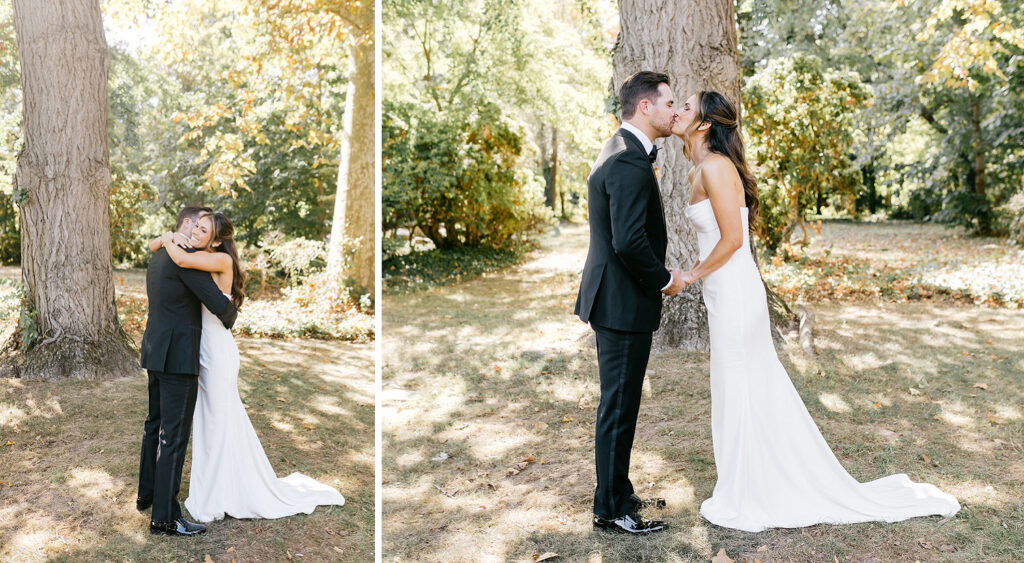 bride and grooms first look along the Delaware river at Glen Foerd