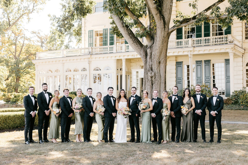 full fall wedding party at Glen Foerd in northeast Philadelphia by Emily Wren Photography