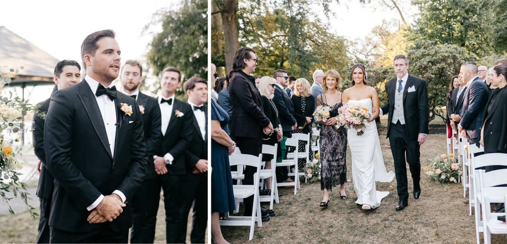 grooms reaction to his bride walking down the aisle at outdoor wedding ceremony at Glen Foerd