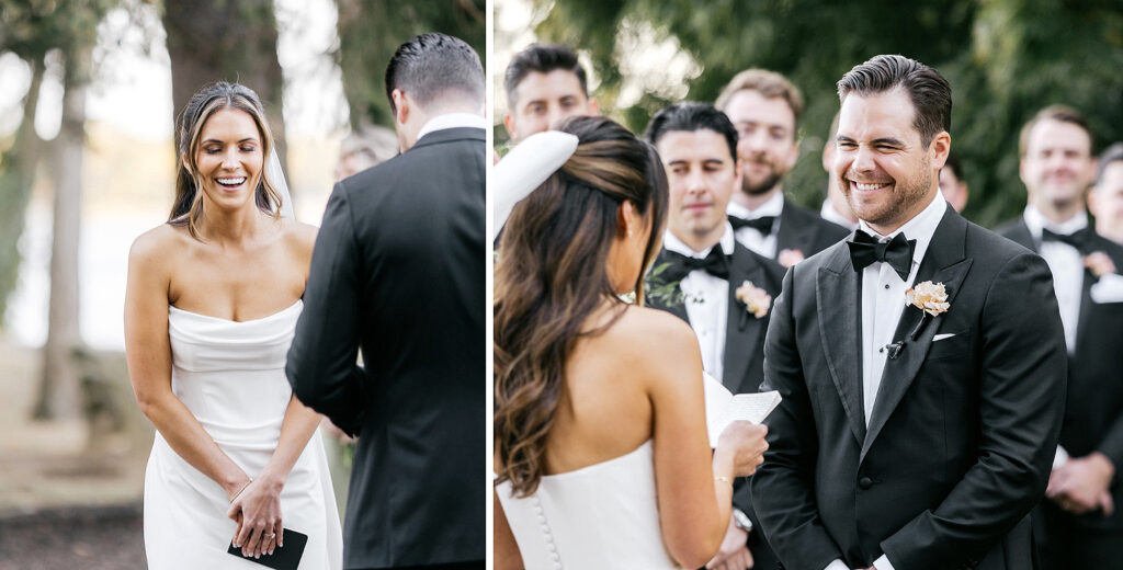 bride and groom laughing during their vows at outdoor Glen Foerd wedding ceremony