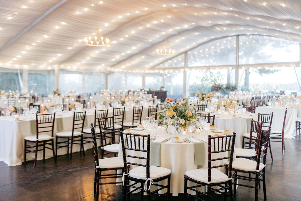 white tent with twinkling fairy lights wedding reception at Glen Foerd