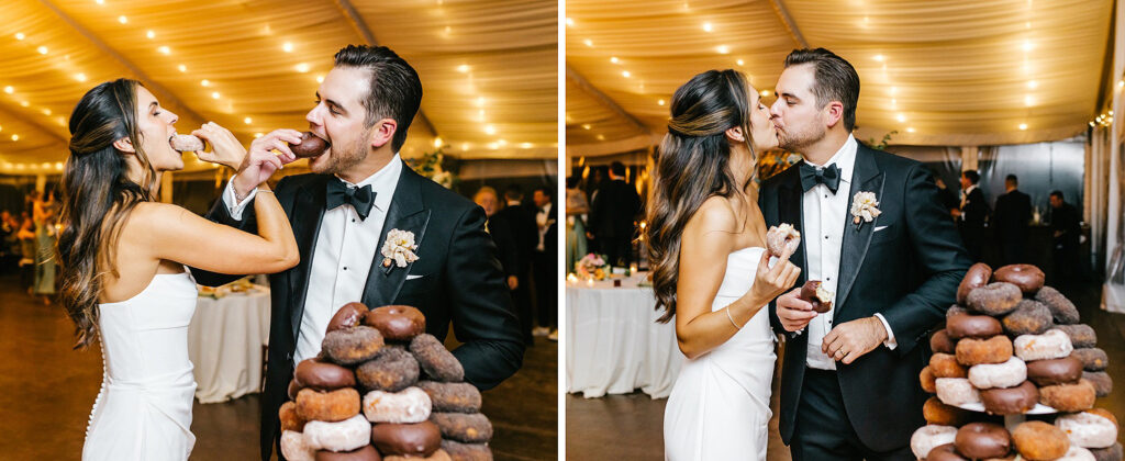 bride and groom eating their tiered donut "wedding cake"