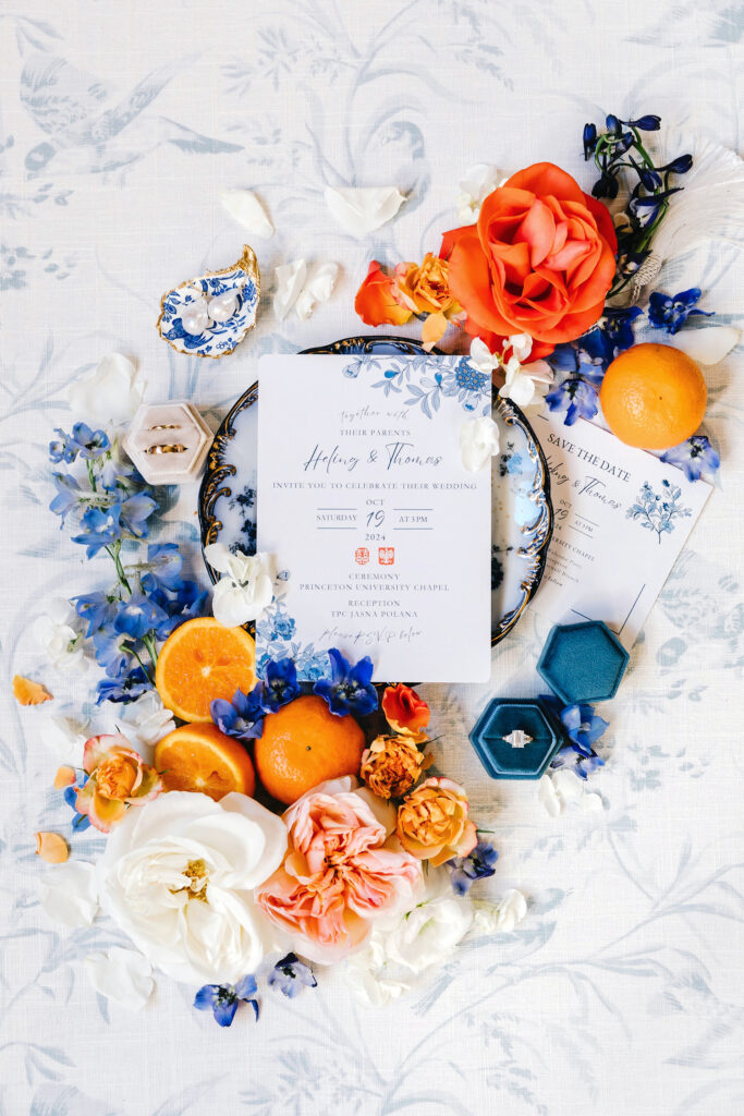 blue, white, and orange wedding invitational suite by Emily Wren Photography