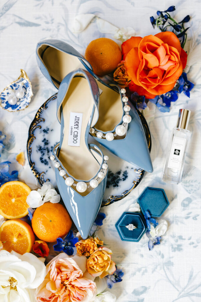 blue Jimmy Choo wedding day heels