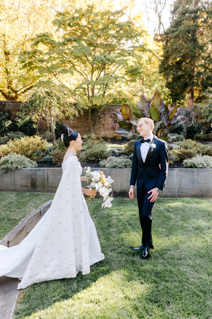 bride & grooms private first look in Jasna Polana's gardens