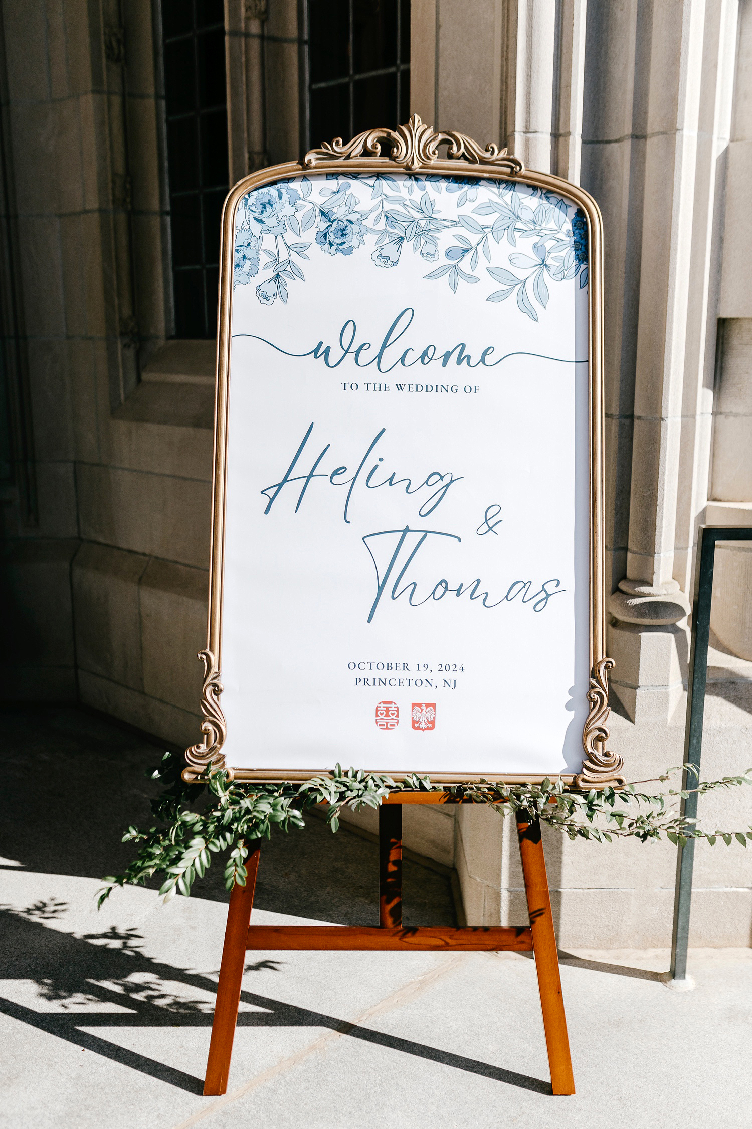 blue, white and orange wedding welcome sign