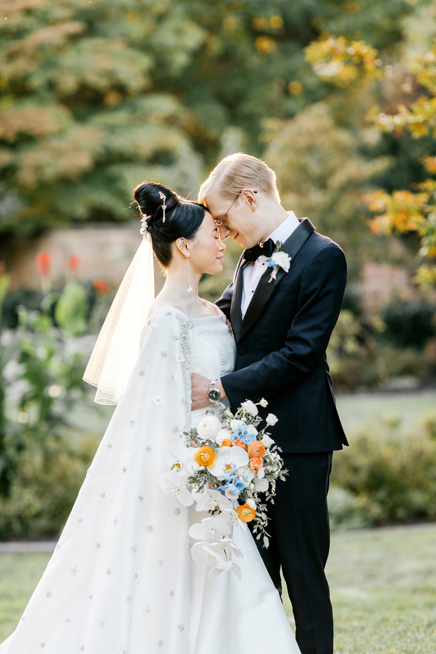 bride & groom portrait session in New Jersey garden by luxurious wedding photographer Emily Wren Photography