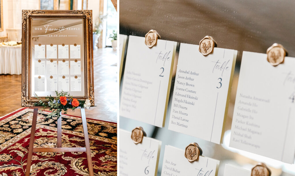 simple mirror wedding reception table seating chart