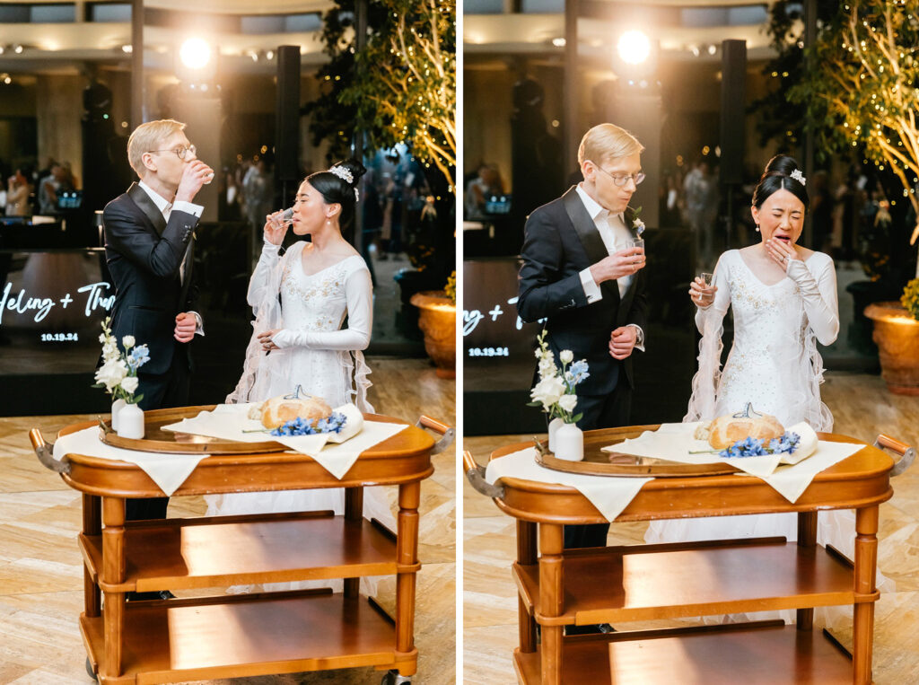 bride & groom during the Polish bread salt and vodka wedding tradition