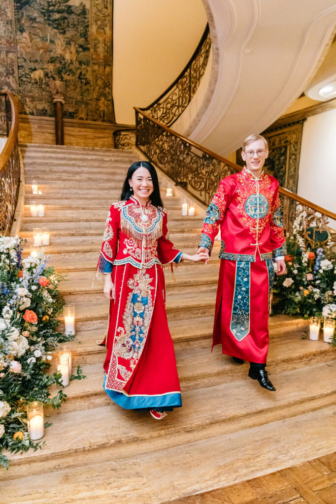 bride & groom in traditional Chinese wedding attire at Jasna Polana wedding reception by Emily Wren Photography