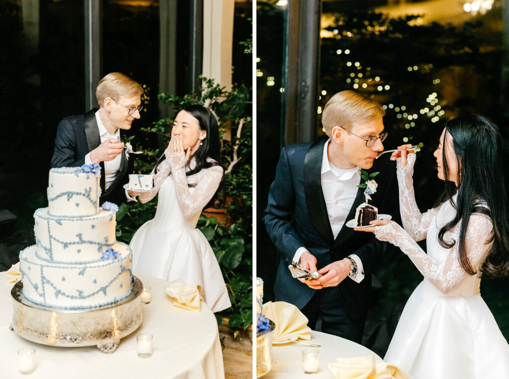 bride & groom tasting their 3 tier white & blue wedding cake