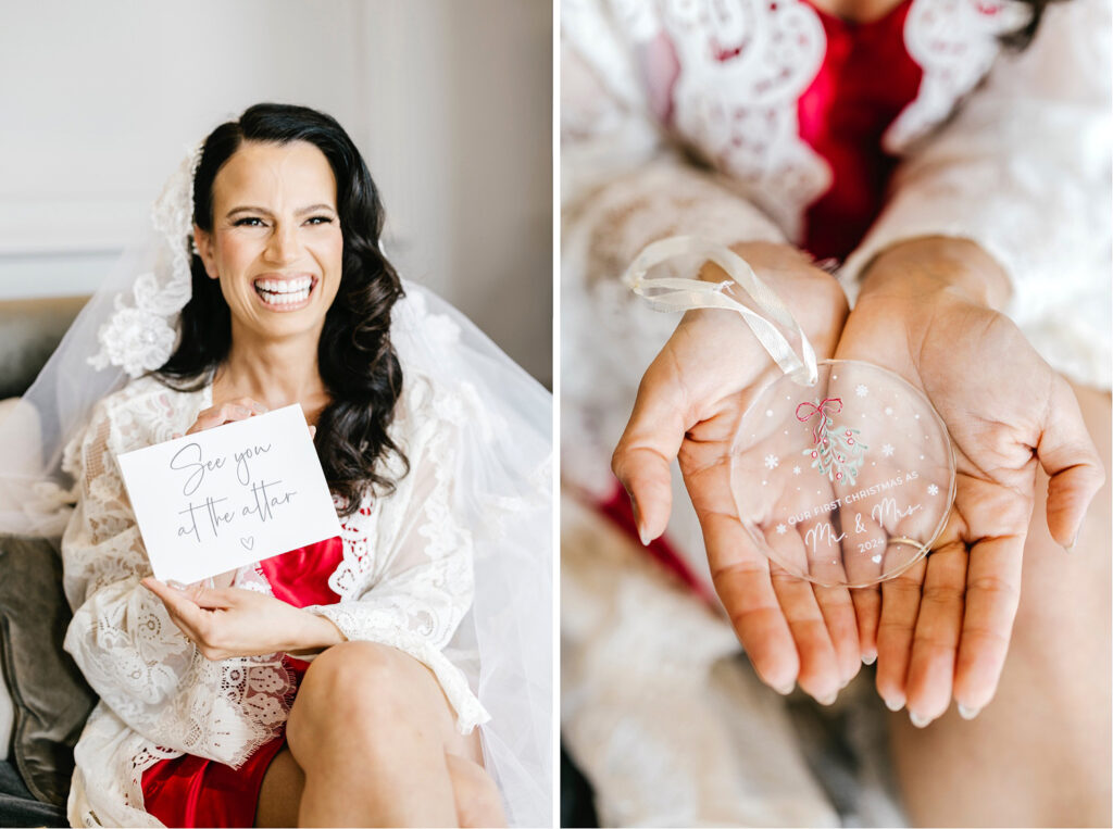 Philadelphia bride opening a gift from her husband - a first Christmas wedding ornament