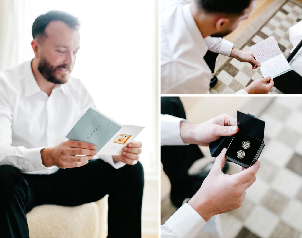 groom opening a gift from his bride - custom cufflinks