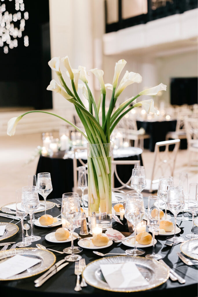 winter wedding reception floral table decor at The Grand Belle