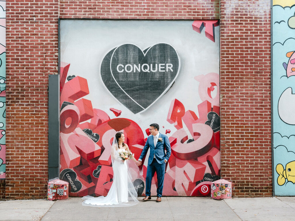 wedding portraits in front of Amberella mural in Fishtown by Philadelphia Emily Wren Photography