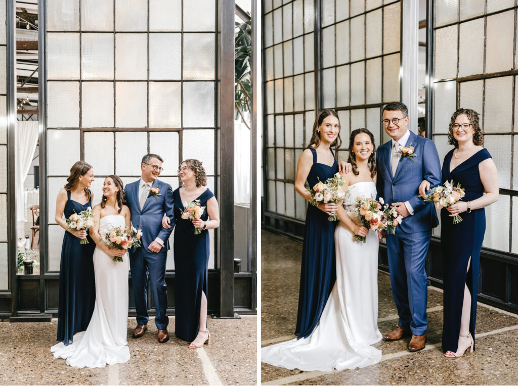 bride and groom family portraits on their modern industrial wedding day