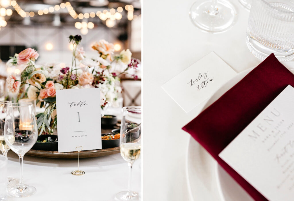 white and burgundy reception table settings