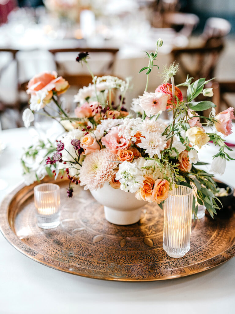 pink, white, and coral wedding reception table decor