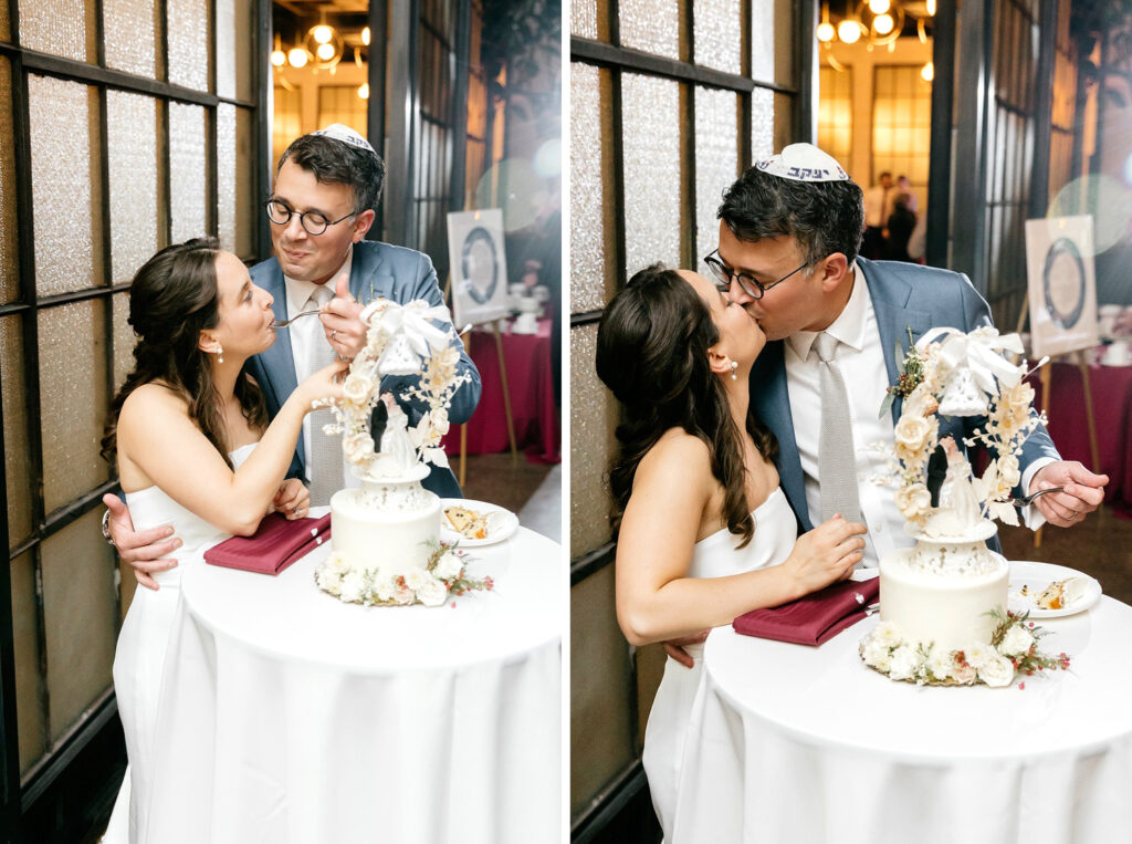 bride & groom cutting their small, minimalist wedding cake